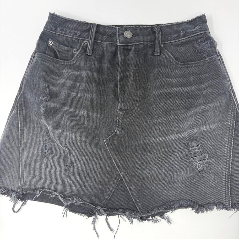 GRLFRND Eva Distressed Denim Mini Skirt Faded Black Grey Raw Hem‎ Womens 26 USA